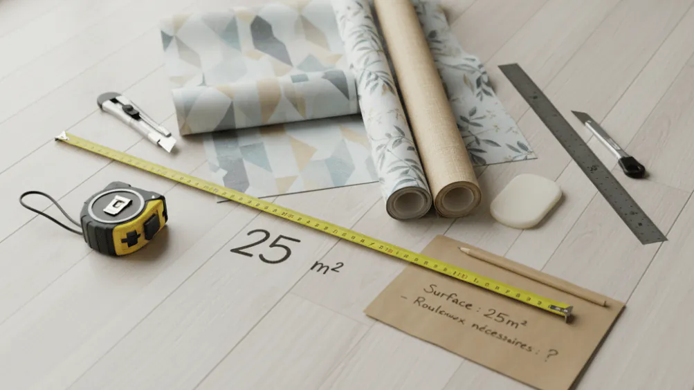 Rouleaux de papier peint avec mètre et outils de calcul pour 25m²