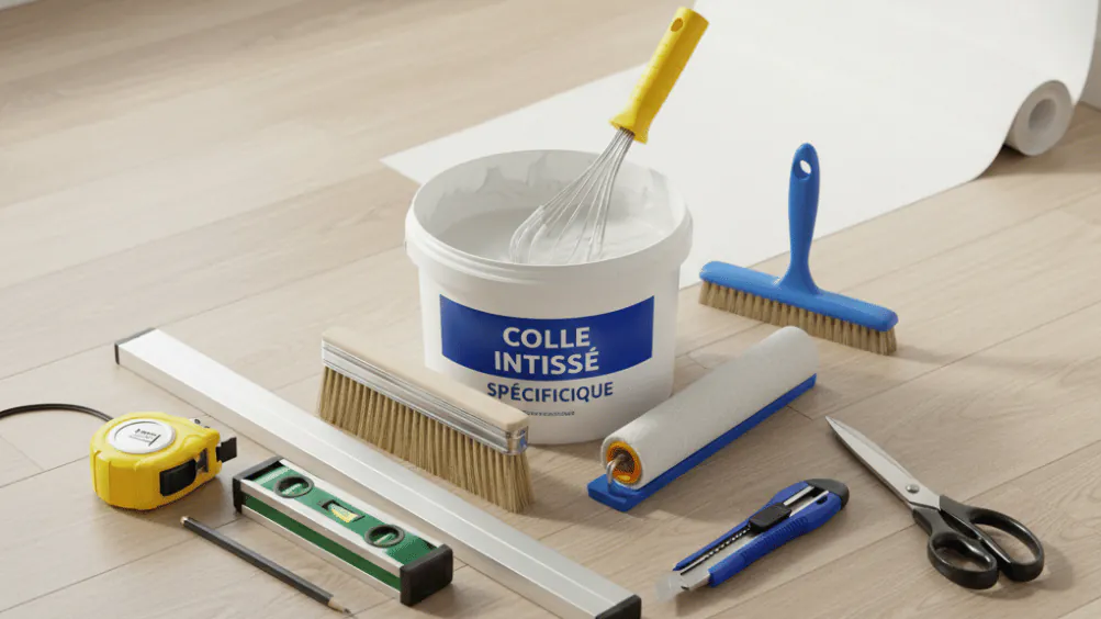Matériel nécessaire pour coller du papier peint : colle, brosse, cutter, spatule
