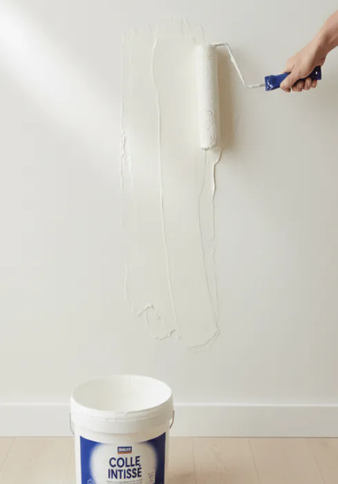 Application de la colle pour papier peint intissé directement sur le mur