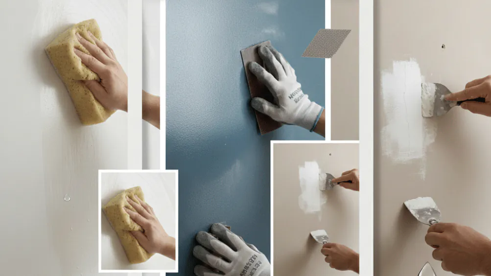 Matériel de préparation pour coller du papier peint sur un mur peint : éponge, abrasif, lessive