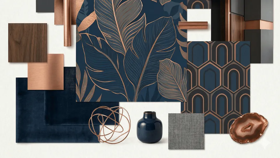 Moodboard revêtement mural et bois noyer foncé