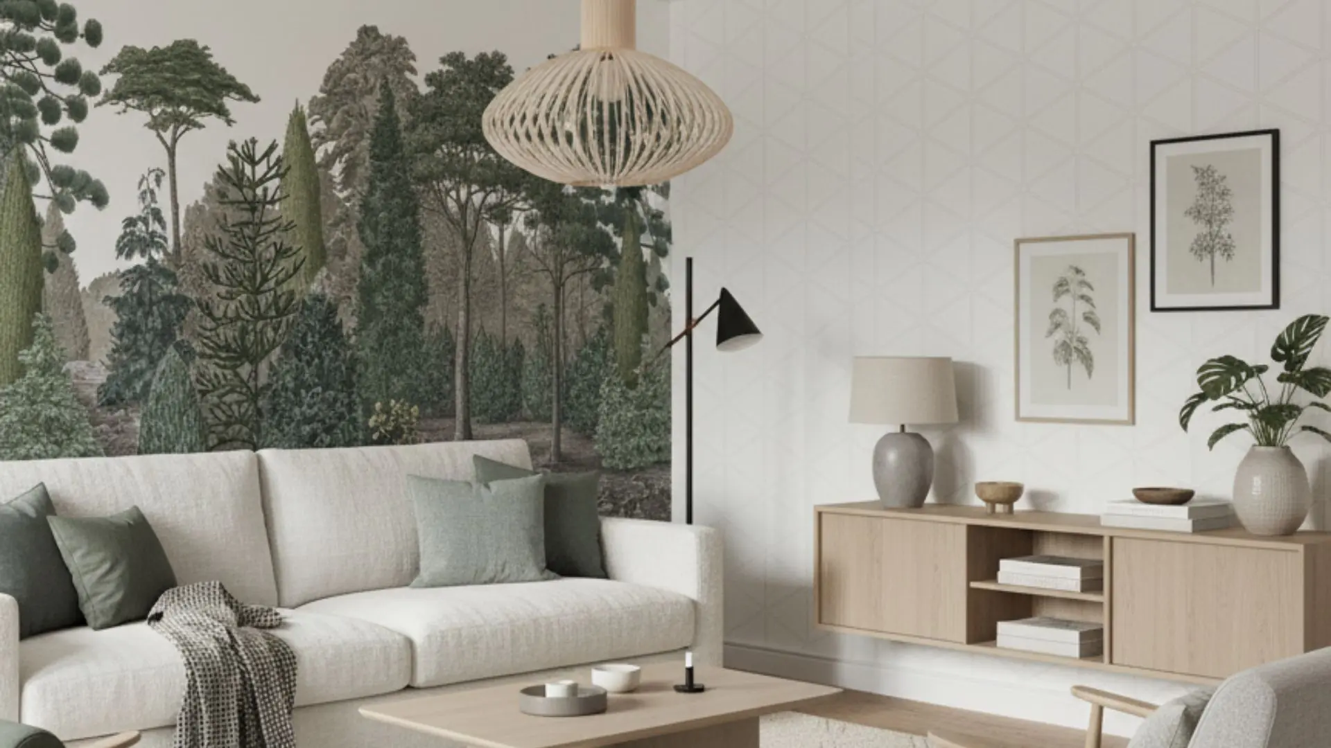 Moodboard de papiers peints panoramiques 2026 : forêt brumeuse, motifs art déco dorés, abstractions beiges