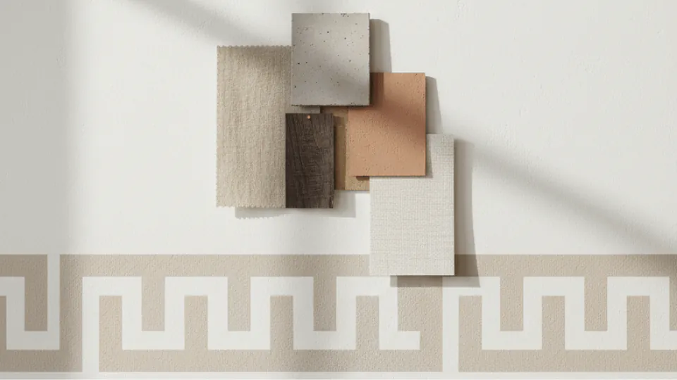 Moodboard Frise murale tons chauds Lin, Ocre et Blanc Cassé pour 2026