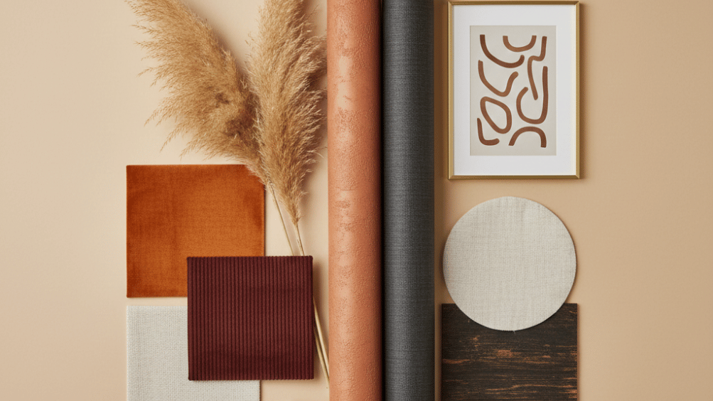 Moodboard tapisseries à la mode 2026 Art Déco lignes graphiques dorées motifs ethniques ikat arabesques tartan terracotta indigo luxe glamour bohème