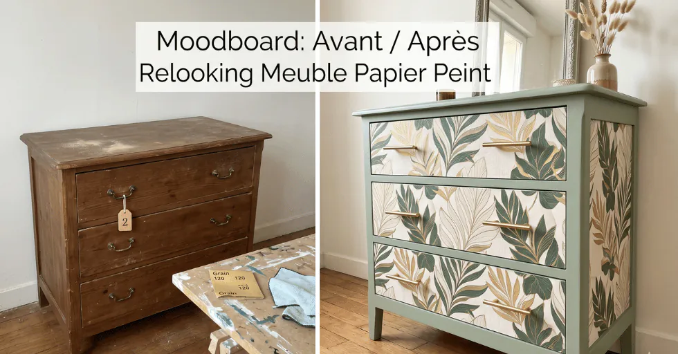 Avant après relooking meuble papier peint commode bois DIY