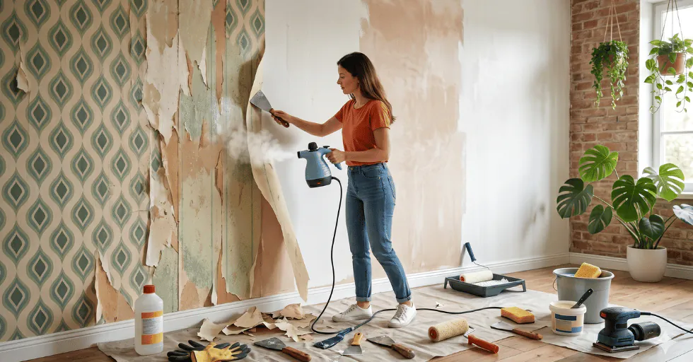 Avant après retrait papier peint mur propre décollage