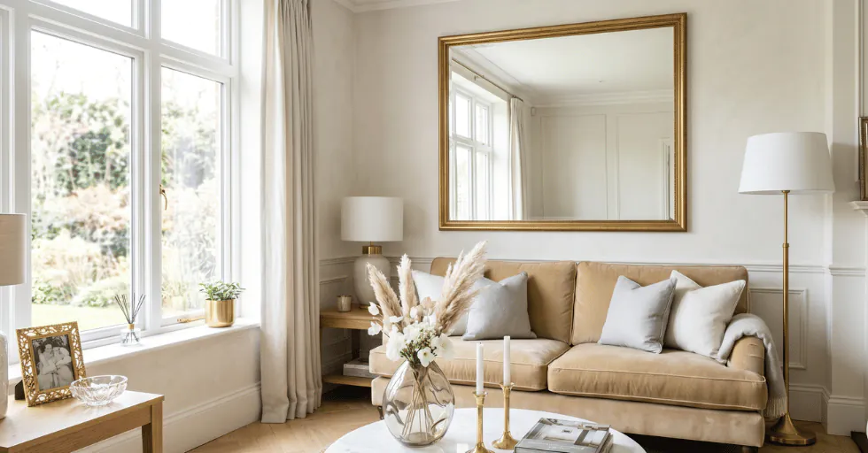 Moodboard intérieurs Cloud Dancer Pantone 2026 papier peint texturé blanc cassé lin nacré avec mobilier bois clair laiton velours vert sauge touches dorées ambiance lumineuse et sereine