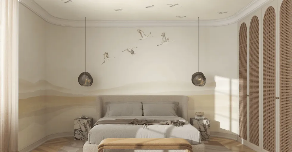 Moodboard papier peint plafond spectaculaire ciel étoilé floral