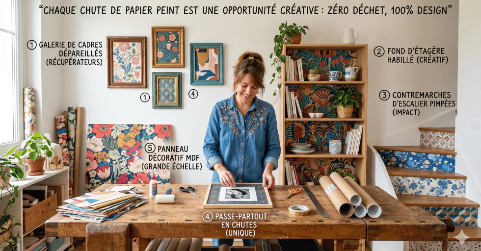 Moodboard DIY cadeaux papeterie papier peint recyclé — emballages cadeaux, enveloppes artisanales, marque-pages, couvertures de carnets, étiquettes et origami réalisés avec des chutes de papier peint à motifs floraux et géométriques