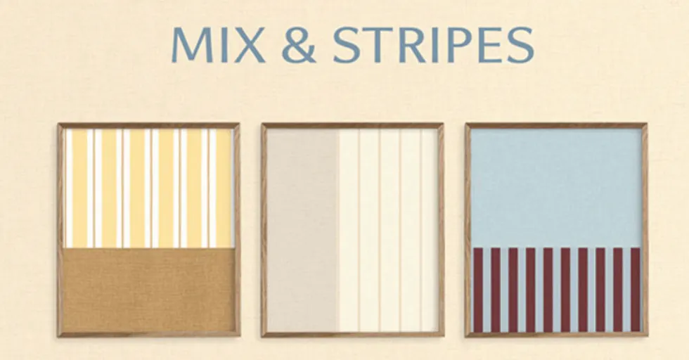 Moodboard mix and match deux papiers peints chambre — duo floral et rayures classique, duo géométrique et uni texturé moderne, palettes harmonieuses tons neutres et couleurs audacieuses